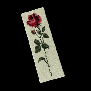 Vintage Needlepoint Rose Wall Art Panel Green Red Pink Flower Handmade Decor